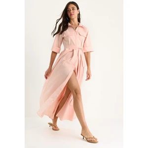 Kadın Pile Etekli Cep Detaylı Kuşaklı Poplin Midi Elbise