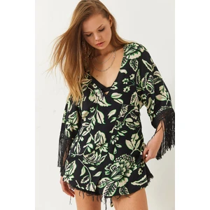 Kadın Püskül Detaylı Bağlamalı Desenli Kısa Viskon Kimono