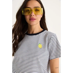 Kadın Limon Nakışlı Çizgili Pamuklu Basic T-Shirt