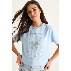 Kadın Teddy Kurdele Detaylı Taşlı T-Shirt