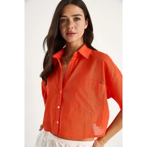 Kadın V Yaka Tek Cep Detaylı Kısa Pamuklu Keten Yazlık Gömlek -