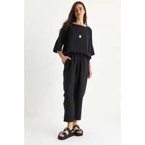 Kadın Kayık Yaka Yarım Kol Bluz Beli Lastikli Şalvar Pantolon Alt-Üst Takım