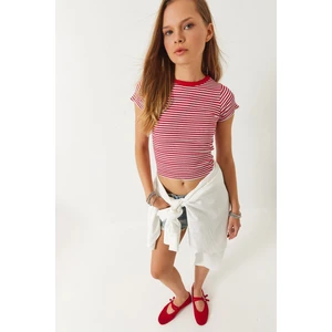 Kadın Çizgili Fitilli Kaşkorse Basic T-Shirt