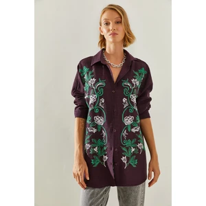 Kadın Nakışlı Sofya Keten Gömlek