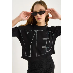 Bisiklet Yaka Taş Baskılı Basic Salaş T-Shirt