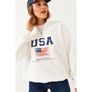 Kadın Arım Fermuarlı Usa Baskılı Dik Yaka Sweatshirt