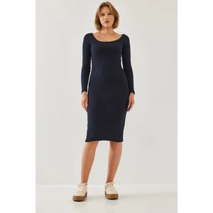 Kadın Kare Yaka Uzun Kollu Basic Fitilli Elbise