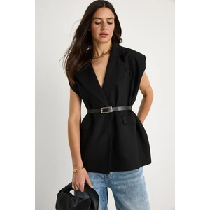 Kadın Cep Detaylı Kemerli Vatkalı Oversize Astarlı Blazer Yelek