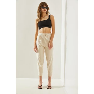 Kadın Balık Sırtı Keten Bel Detaylı Pantolon