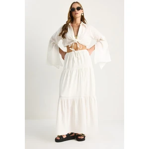 Kadın Bağlama Detaylı Yırtmaçlı Geniş Kol Bluz Astarlı Uzun Etek Takım Dt