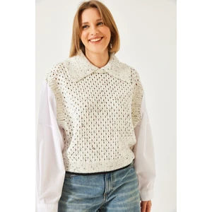 Kadın Gömlek Yaka Ajurlu Triko Kazak