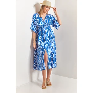 Kadın Kruvaze Yaka Desenli Kloş Elbise