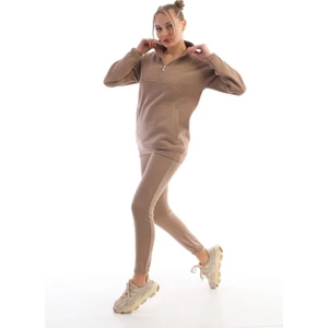 Kahve Dik Yaka Fermuarlı Sweatshirt Kadın Eşofman Takım