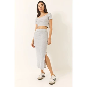 Kadın Kare Yaka Kısa Kollu Crop Yırtmaç Detaylı Kaşkorse Alt-Üst Takım