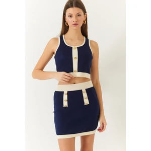 Kadın Düğme Detaylı Askılı Mini Etekli Alt-Üst Takım