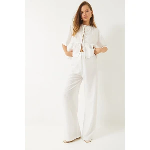 Kadın Bağlama Detaylı Kısa Kollu Bluz Pantolon Alt-Üst Takım