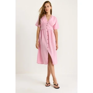 Kadın V Yaka Bel Detaylı Düğmeli Kısa Kollu Viskon Keten Elbise