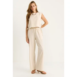 Kadın Vatkalı Yandan Bağlamalı Bluz Beli Lastikli Bol Pantolonlu Keten Takım