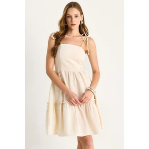 Kadın Sırt Gipe Detaylı Katlı Ince Askılı Pamuklu Keten Elbise