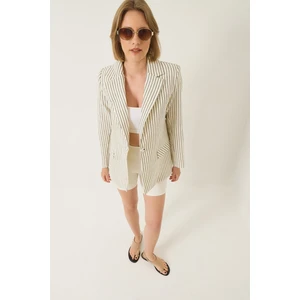 Kadın Çizgili Uzun Kollu Keten Karışımlı Astarlı Blazer Ceket