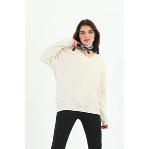 Bej Organik Kadın Sweatshirt Oversize V-Yaka