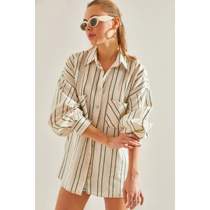 Kadın Çizgili Çift Cepli Keten Gömlek