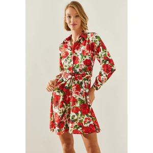 Kadın Gömlek Yaka Kemerli Çiçek Desenli Mini Elbise