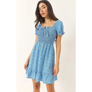 Kadın Papatya Desenli Karpuz Kollu Giperli Mini Viskon Elbise