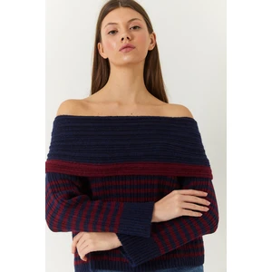 Kadın Degaje Yaka Çizgili Kazak