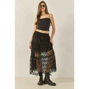 Kadın Çiçek Dantelli Kısa Astarlı Volanlı Normal Bel Uzun Etek