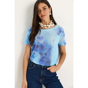 Kadın Bisiklet Yaka Desenli Dijital Baskılı Regular Yazlık Örme T-Shirt