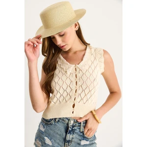 Kadın Dantelli ve Fırfırlı Triko Crop Top