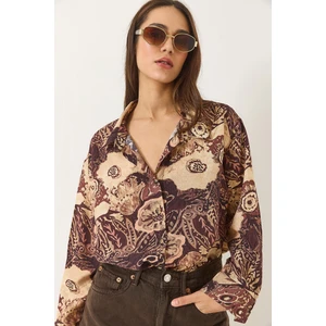 Kadın Desenli Oversize Vintage Gömlek