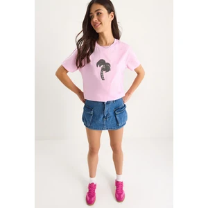 Kadın % Pamuk Bisiklet Yaka Palmiye Taş Aksesuarlı Rahat Kalıp T-Shirt