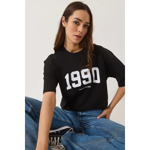 Kadın  Baskılı Bisiklet Yaka Kısa Kollu Oversize Basic T-Shirt