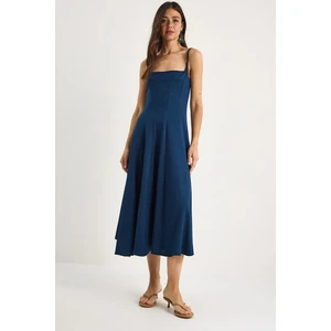 Kadın Ince Askılı Godeli Kare Yaka Midi Elbise