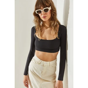 Kadın Uzun Kol Kare Yaka Crop Bluz