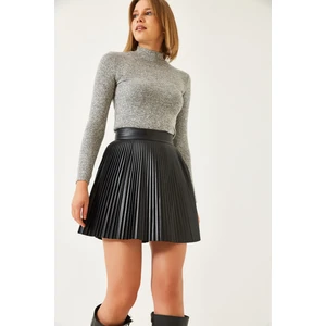 Kadın Deri Pileli Mini Etek