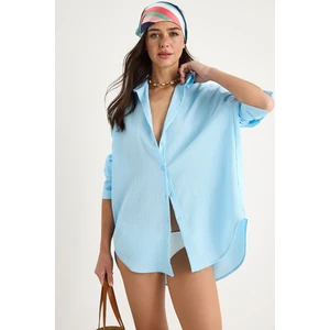 Kadın Düşük Omuz Oversize Basic Bürümcük Gömlek