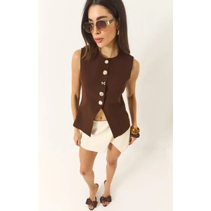 Kadın Regular Bisilet Yaka Gold Düğme Detaylı Astarlı Dokuma Yelek