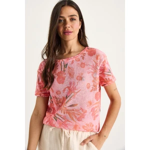Kadın Bisiklet Yaka Desenli Dijital Baskılı Regular Yazlık Örme T-Shirt