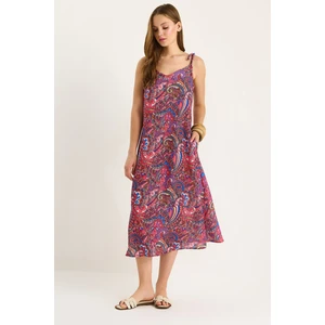 Kadın Bağlama Askılı V Yaka Cep Detaylı Desenli Midi Elbise -