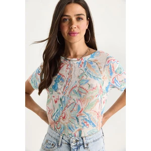 Kadın Bisiklet Yaka Desenli Dijital Baskılı Regular Yazlık Örme T-Shirt