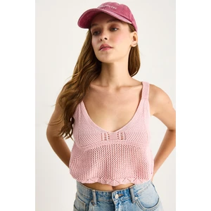 Kadın Ajurlu Askılı Crop Triko Bluz