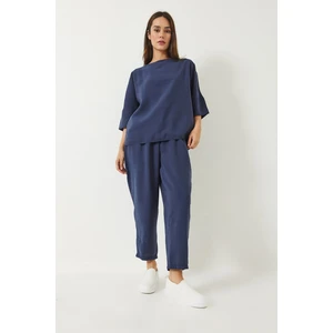 Kadın Kayık Yaka Yarım Kol Bluz Beli Lastikli Şalvar Pantolon Alt-Üst Takım