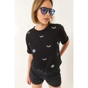 Kadın Göz Baskılı Kısa Kollu Pamuklu Oversize T-Shirt