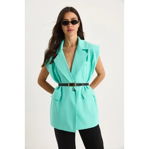 Kadın Cep Detaylı Kemerli Vatkalı Oversize Astarlı Blazer Yelek