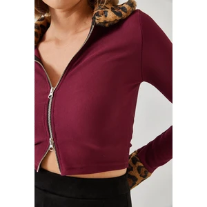 Kadın Leopar Peluşlu Fermuarlı Hırka