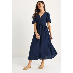 Kadın Kruvaze Kapamalı Balon Kollu Uzun Müslin Elbise