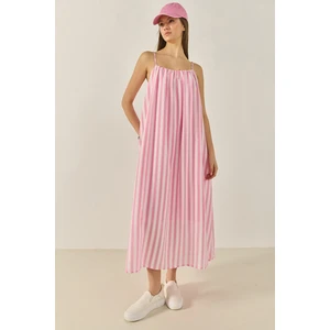 Kadın Büzgü Detaylı Ince Askılı Çizgili Astarlı Modal Salaş Elbise